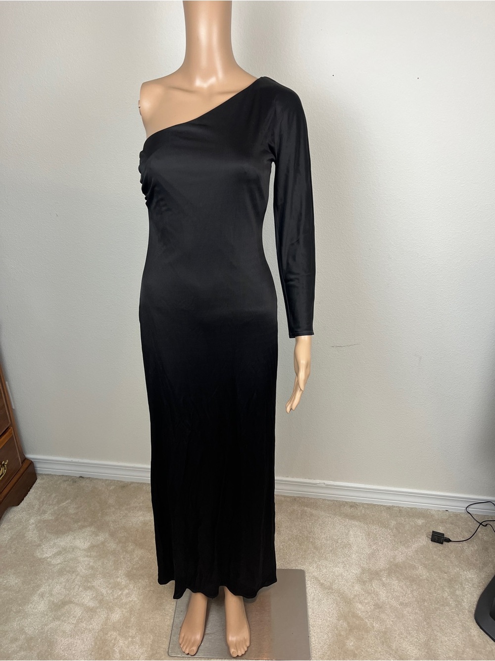 David Meister Black One-Shoulder Maxi Dress, Size 4
